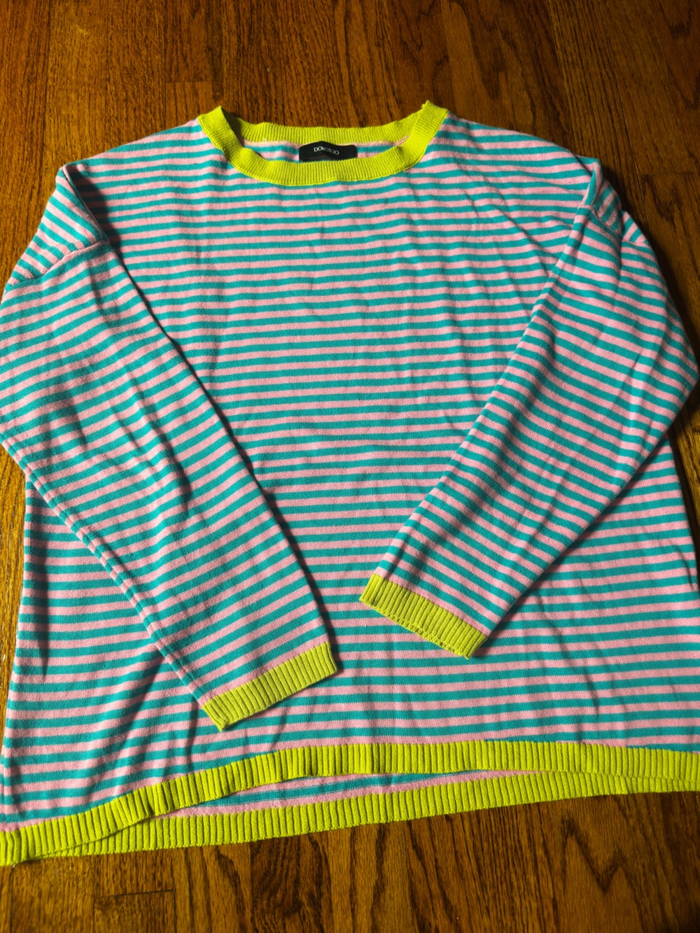Dokotoo 100% Striped Pink and Teal Long-Sleeve Sweater with Lime Trim